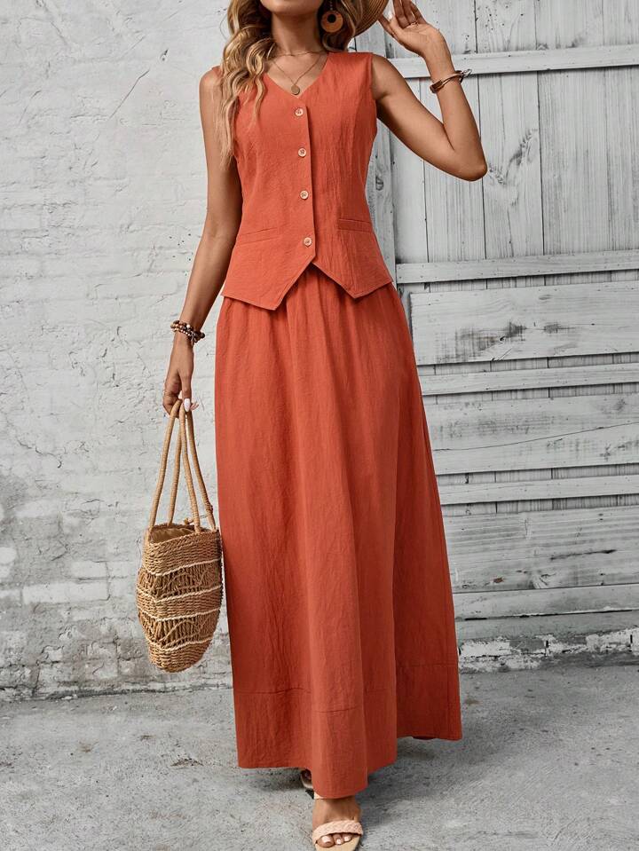 CM-SS653619 Women Trendy Bohemian Style Solid Color V-Neck Sleeveless Vest With Long Skirt - Set