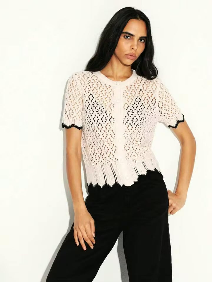 CM-TS431191 Women Trendy Bohemian Style Contrast Trim Short Sleeve Open Front Knit Cardigan Top