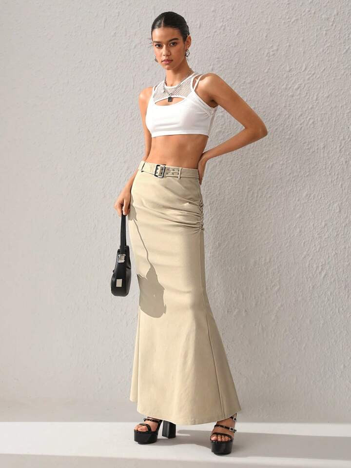 CM-BS726622 Women Elegant Seoul Style Solid Color Long Skirt With Belt - Khaki