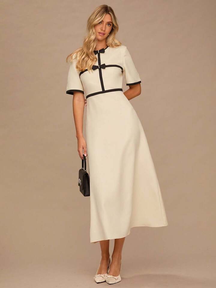 CM-DS063033 Women Elegant Seoul Style Bow Decor Round Neck Short Sleeve Long Dress - Apricot