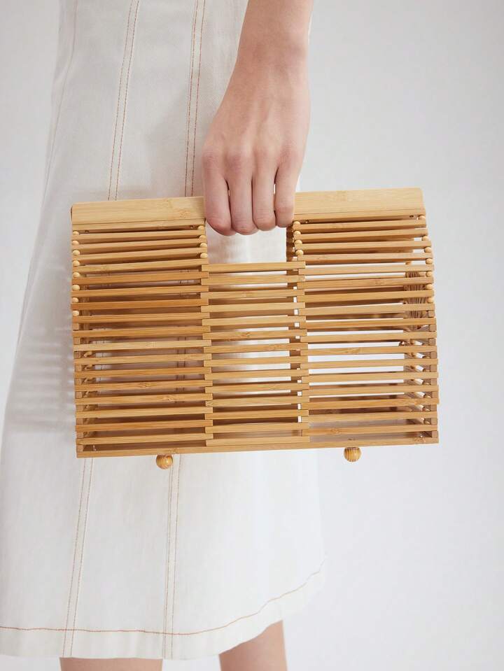 CM-BGS144900 Women Trendy Seoul Style Hollow Out Top Handle Square Handbag - Apricot