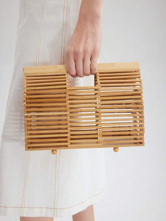 CM-BGS144900 Women Trendy Seoul Style Hollow Out Top Handle Square Handbag - Apricot