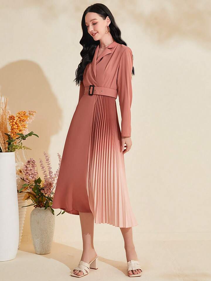CM-DS184274 Women Elegant Seoul Style Color-Blocked Collar Pleated Hem Belted Dress - Dusty Pink