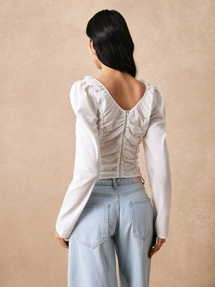 CM-TS222103 Women Casual Seoul Style V-Neck 3D Floral Decor Long Sleeve Shirt - White
