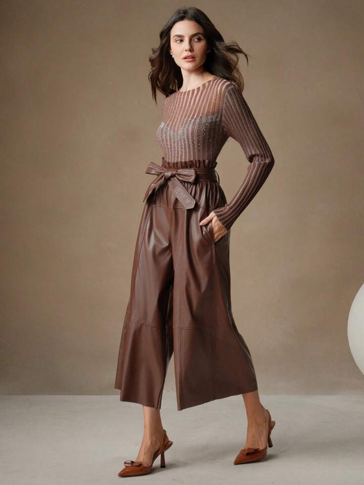 CM-BS730999 Women Elegant Seoul Style High Waist Faux Leather Wide Leg Pants - Chocolate Brown