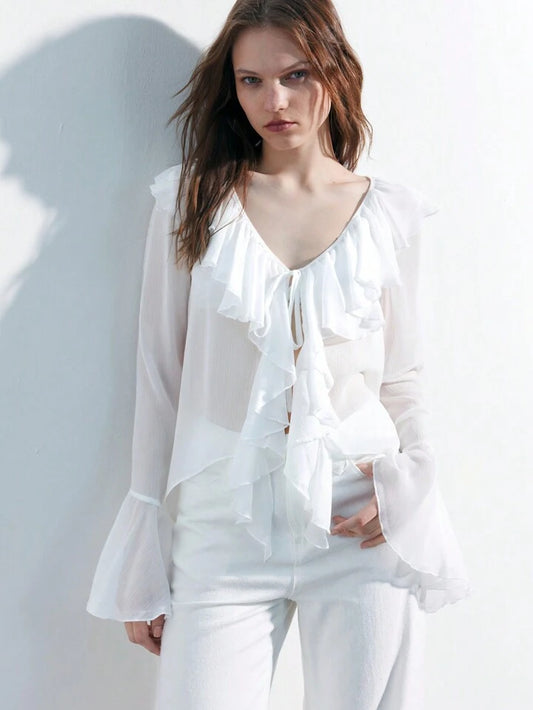 CM-TS244649 Women Casual Seoul Style Solid Color Ruffle Trim Flare Sleeve Blouse - White