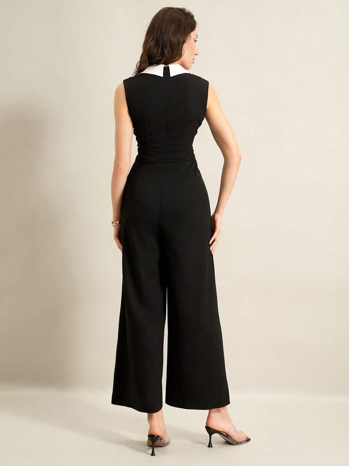 CM-JS535253 Women Elegant Seoul Style Colorblock Lapel Neckline Sleeveless Wide Leg Jumpsuit
