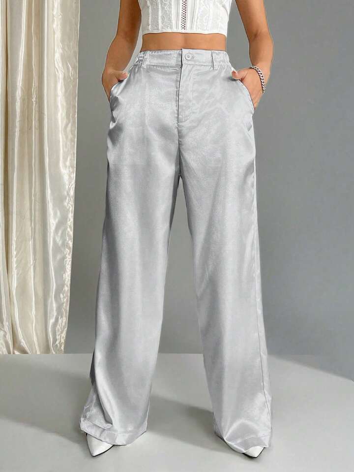 CM-BS678641 Women Casual Seoul Style Satin Elastic Waist Wide Leg Palazzo Pants - Light Gray