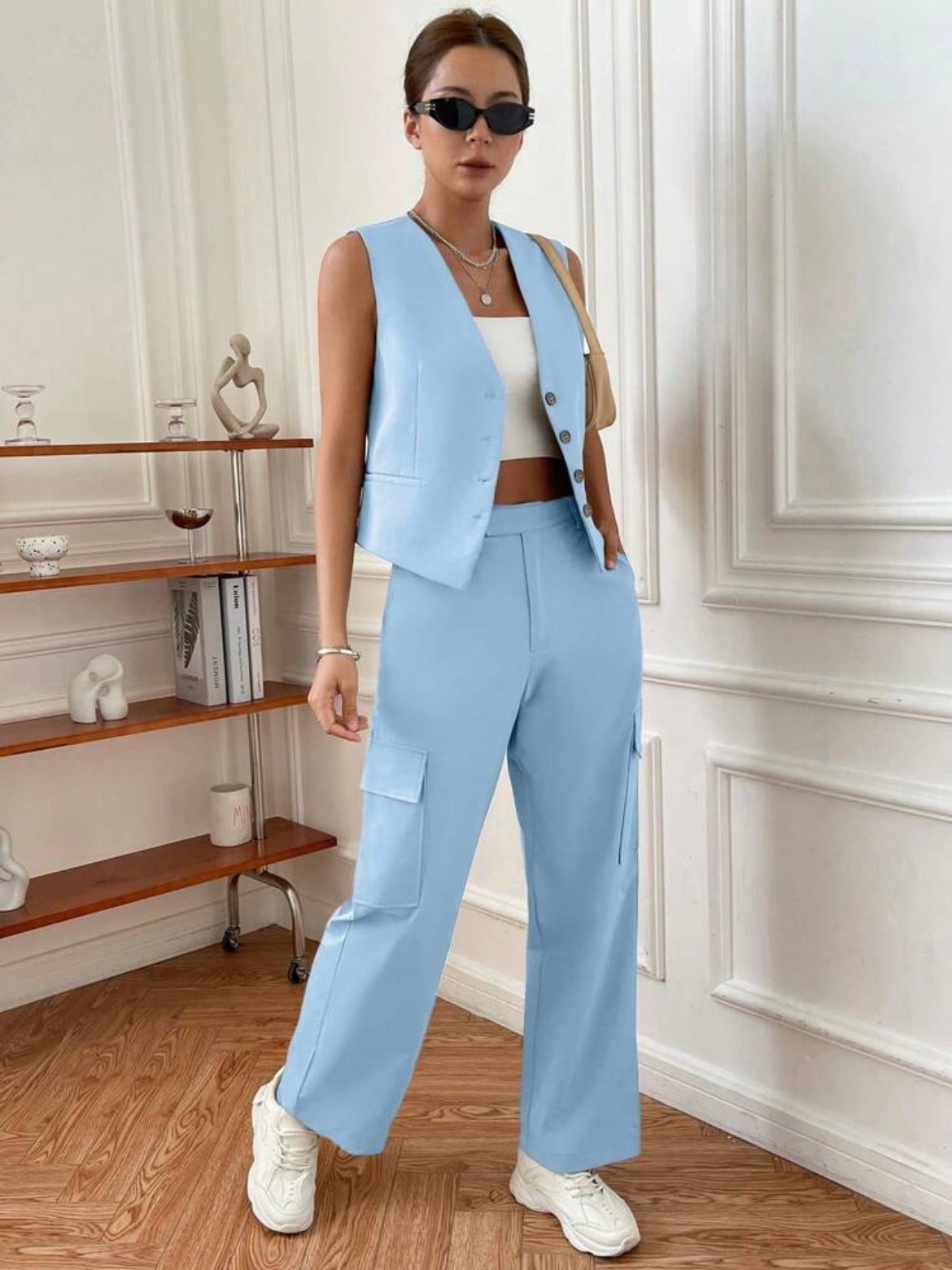 CM-SS755162 Women Elegant Seoul Style V-Neck Sleeveless Vest With Pocket Design Pants - Baby Blue