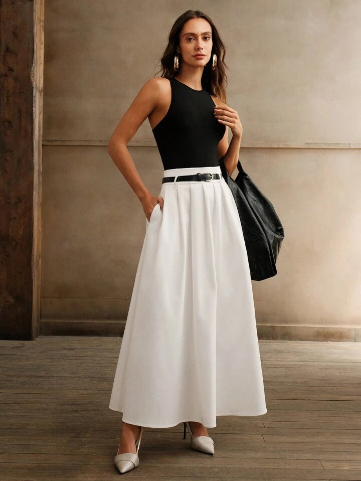 CM-BS004421 Women Elegant Seoul Style High Waist Pleated A-Line Skirt With Belt - White