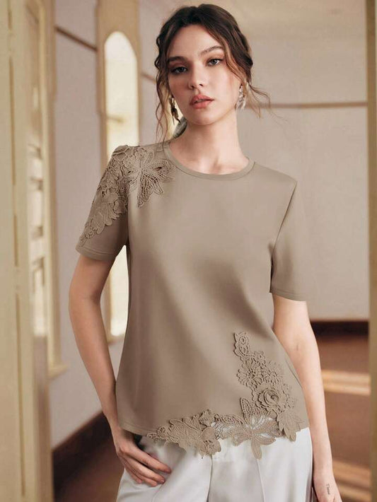 CM-TS777949 Women Elegant Seoul Style Round Neck Short Sleeve Lace Patchwork 3D Embroidered Floral Knit T-Shirt - Khaki
