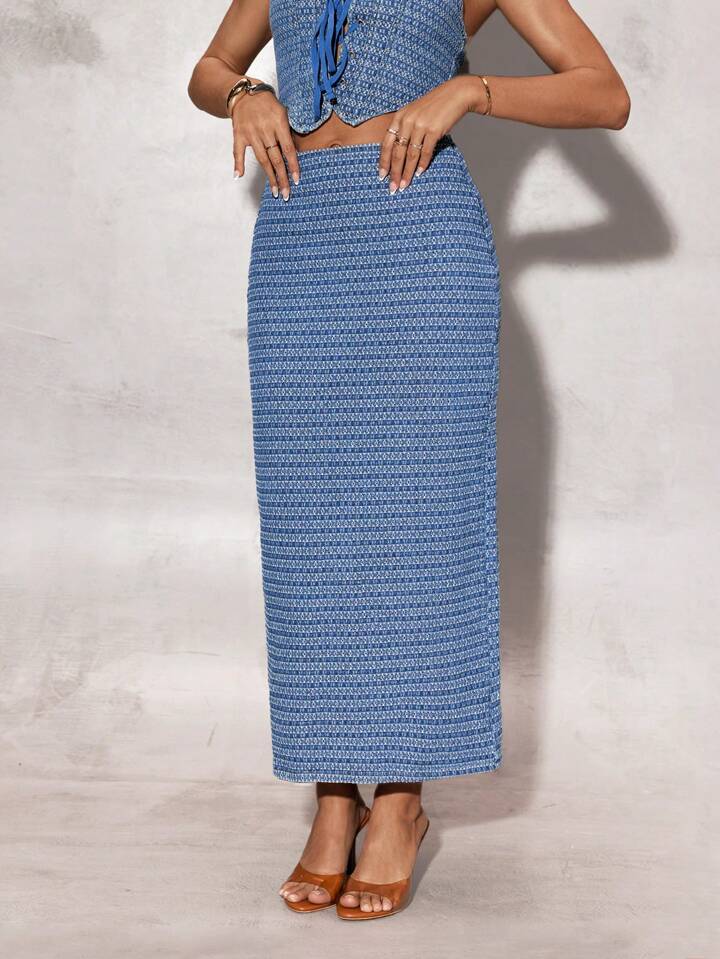 CM-BS720731 Women Casual Seoul Style High Waist Long Straight Denim A-Line Skirt - Blue