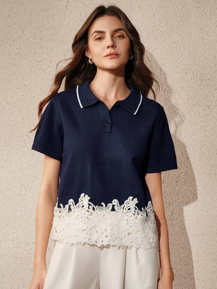 CM-TS844108 Women Casual Seoul Style Polo Collar Colorblock Ruffled Trim T-Shirt - Blue