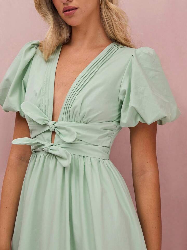 CM-DS406945 Women Elegant Seoul Style Pleated V-Neck Puff Sleeve Bowknot Maxi Dress - Mint Green