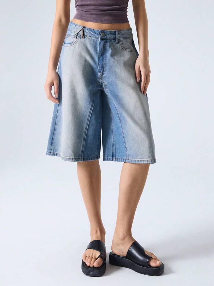 CM-BS151711 Women Casual Seoul Style Light Wash Loose Mid Rise Wide Leg Denim Shorts