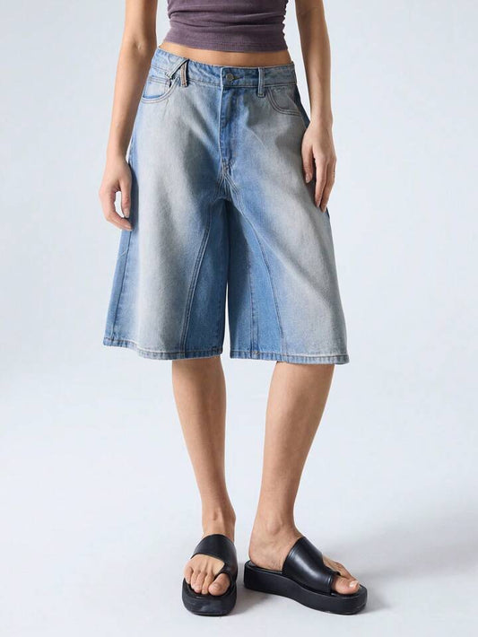 CM-BS151711 Women Casual Seoul Style Light Wash Loose Mid Rise Wide Leg Denim Shorts