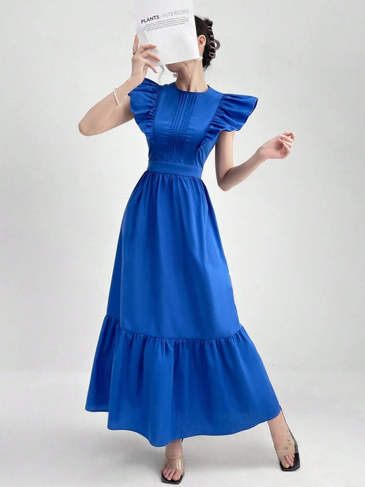 CM-DS591915 Women Casual Seoul Style Round Neck Ruffle Sleeve High Waist A-Line Dress - Blue