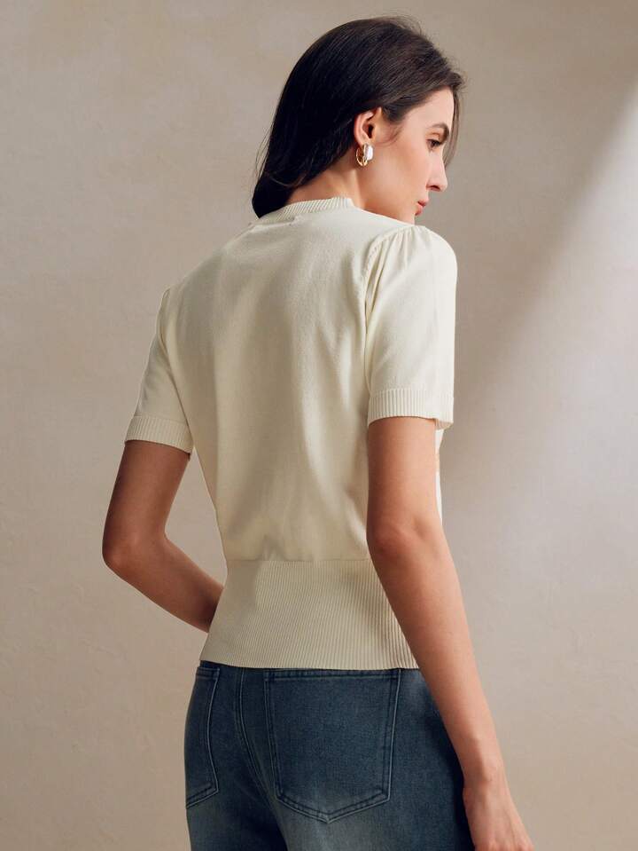 CM-TS235342 Women Casual Seoul Style Stand Collar Short Sleeve Floral Star Embroidered Knitted Shirt Tee - Cream