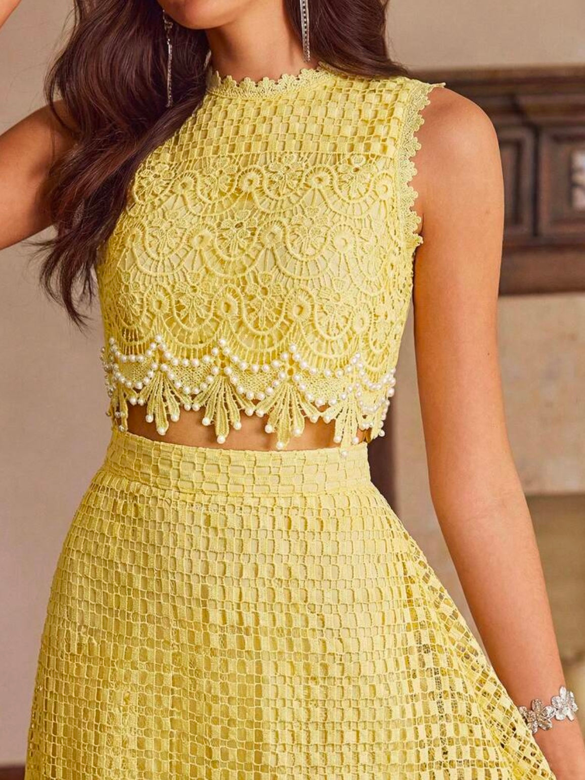 CM-SS980963 Women Elegant Seoul Style Round Neck Sleeveless Pearl Decor Hollow Lace Trim Top With Long Skirt - Set