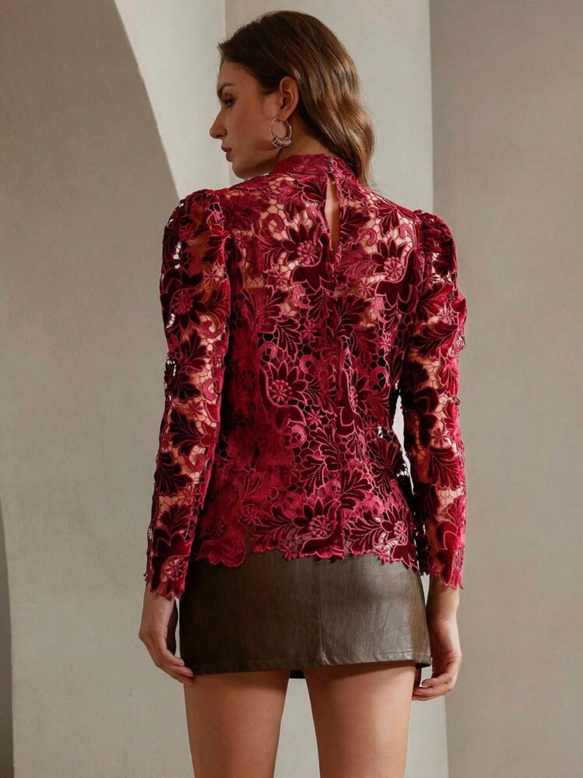 CM-TS848234 Women Elegant Seoul Style Stand Collar Long Sleeve Cut Out Floral Print Blouse