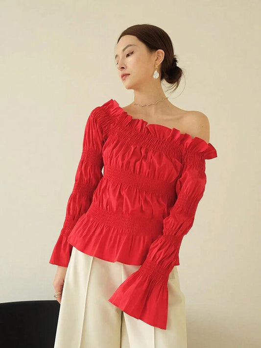 CM-TS701937 Women Trendy Bohemian Style Bubble Sleeve Off-Shoulder Wrinkled Shirt - Red