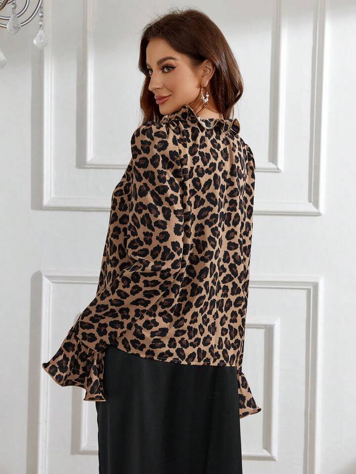 CM-TS298653 Women Casual Seoul Style Stand Collar Print Long Sleeve Frill Detail Blouse