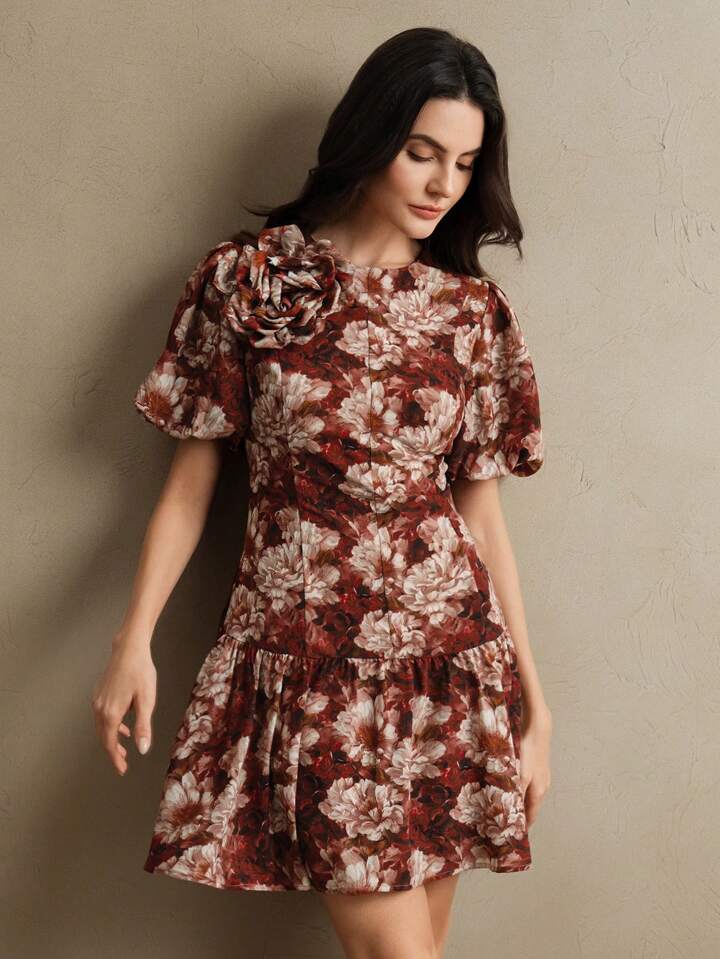 CM-DS955174 Women Elegant Seoul Style Floral Print Round Neck Puff Sleeve And Cinched Waist Mini Dress