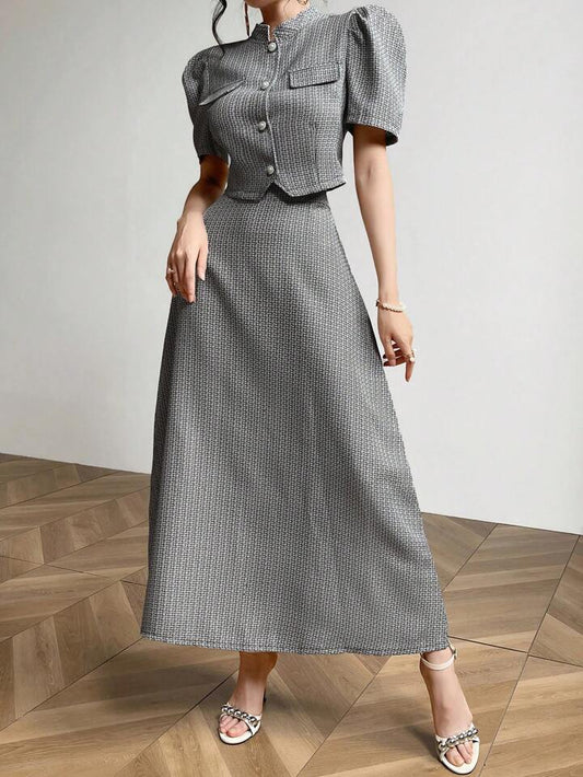 CM-SS965249 Women Elegant Seoul Style Single-Breasted Puff Sleeve Top With Long Midi Skirt - Set