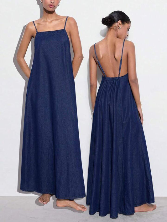 CM-DS922810 Women Casual Seoul Style Dark Wash Spaghetti Strap Slip Backless Denim Dress