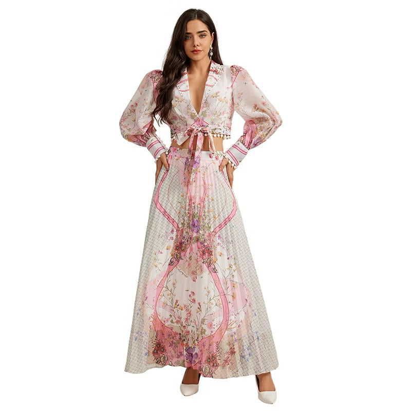 CM-SY010981 Women Elegant European Style Lapel Neckline Long Sleeve Crop Blouse With High Waist Long Skirt - Set