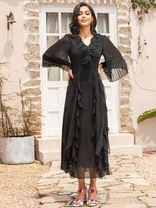 CM-DS026626 Women Elegant Seoul Style O Neck Short Sleeve High Waist Slim Fit A-Line Dress - Black