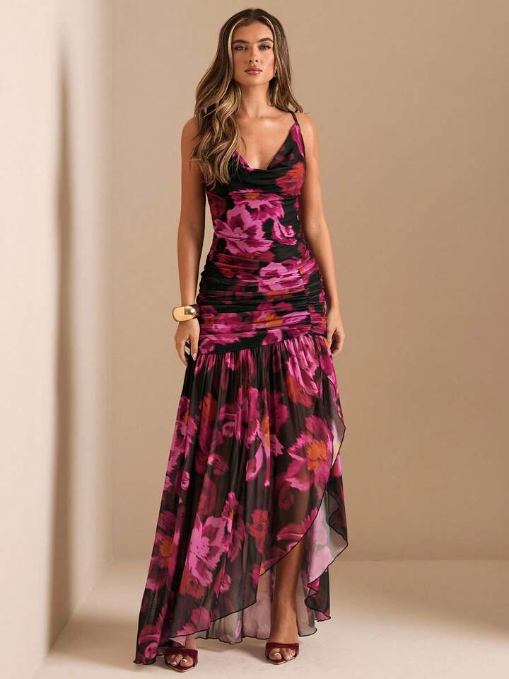 CM-DS809380 Women Trendy Bohemian Style Deep Draped Neck High Slit Floral Print Fitted Mesh Dress - Dark Pink