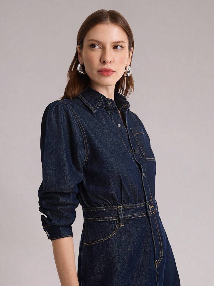 CM-DS437471 Women Casual Seoul Style Dark Wash Collar Neckline Long Sleeve Cinched Waist Denim Dress