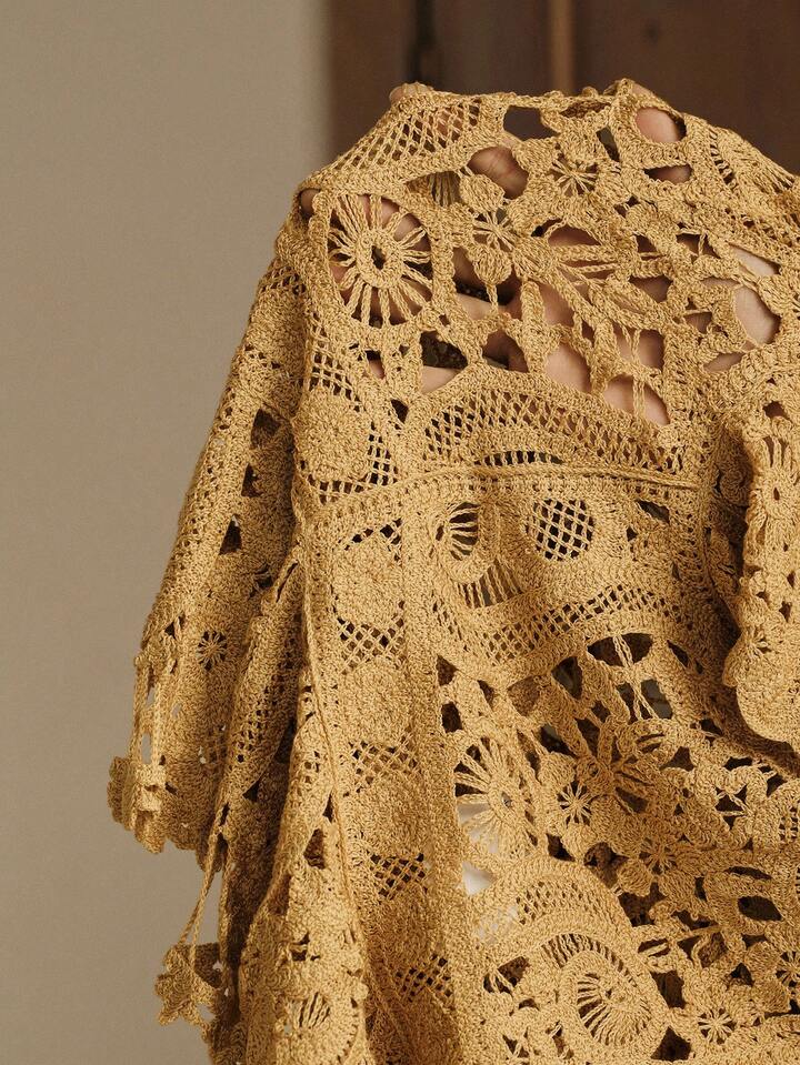 CM-TS411908 Women Casual Seoul Style Round Neck Short Sleeve Hollow Floral Patterned Waist A-Line Knit Top - Yellow
