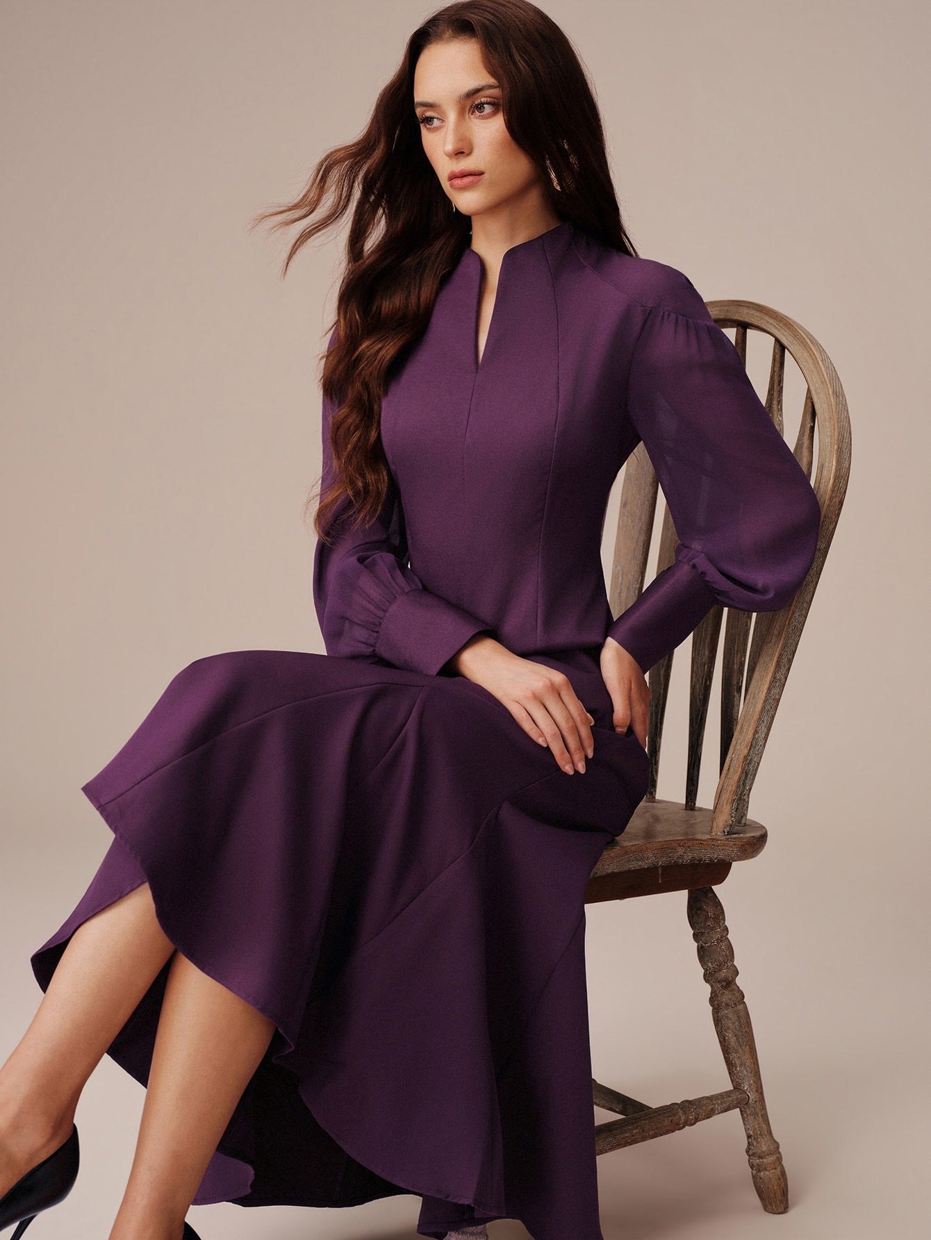 CM-DS873232 Women Elegant Seoul Style Chiffon V-Notch Stand Collar Sheer Puff Sleeves Mermaid Hem Long Dress