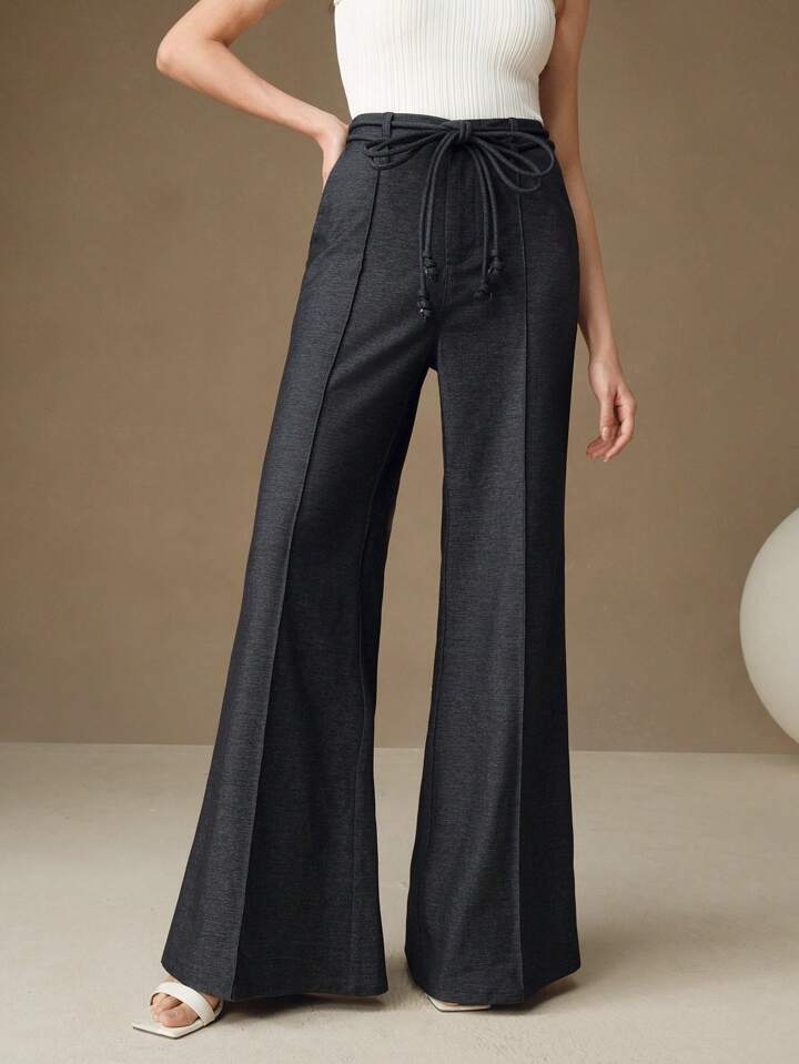 CM-BS432631 Women Casual Seoul Style High Waist Tie Belted Wide Leg Flare Palazzo Trousers