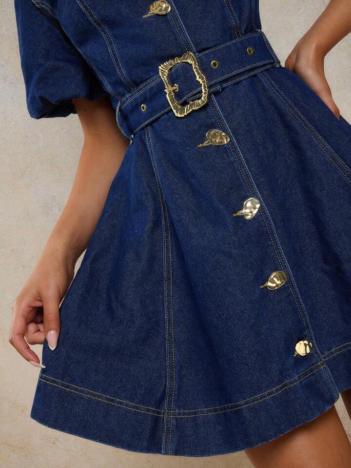 CM-DS515811 Women Casual Seoul Style V-Neck Puff Sleeve Ruched Waist A-Line Denim Dress - Blue