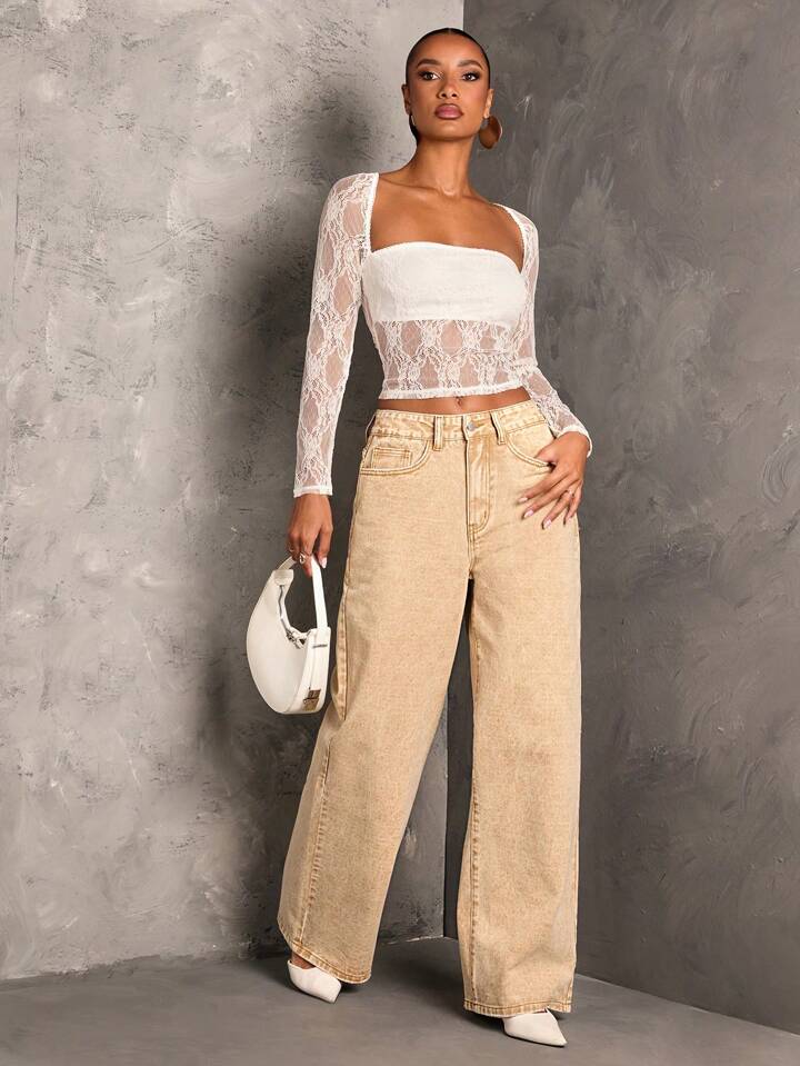 CM-BS594284 Women Casual Seouol Style Extra Long Loose Wide Leg Denim Jeans - Khaki