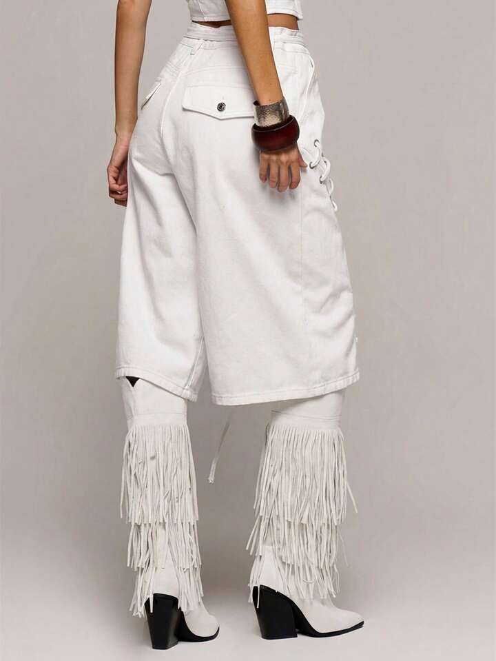 CM-BS282597 Women Casual Seoul Style Low Waist Eyelet Lace Up Loose Fit Denim Jorts - White
