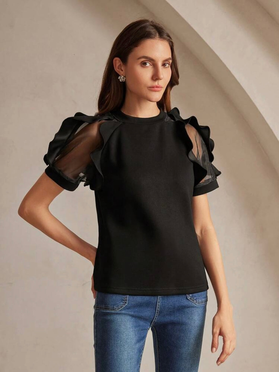 CM-TS001747 Women Elegant Seoul Style Round Neck Ruffle Trim Fitted Short Sleeve T-Shirt - Black