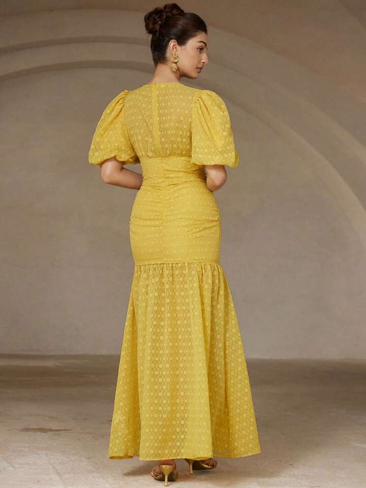 CM-DS315420 Women Elegant Seoul Style Chiffon Cut-Out V-Neck Puff Sleeve Ruffle Bodycon Dress - Yellow