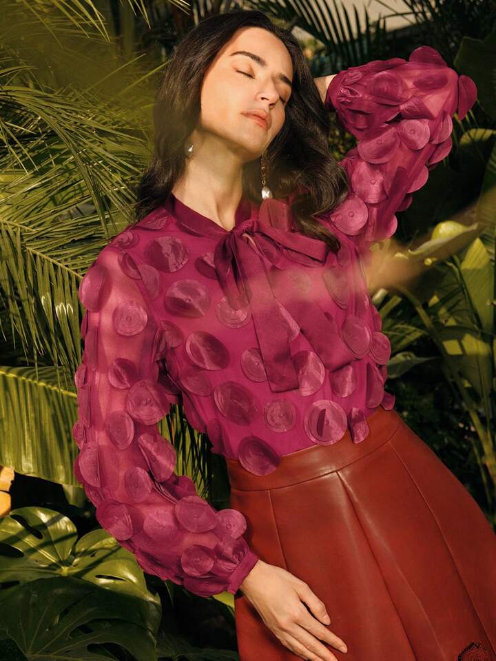 CM-TS210056 Women Elegant Seoul Style Bow 3D Circular Pleated Design Long Sleeve Blouse - Burgundy