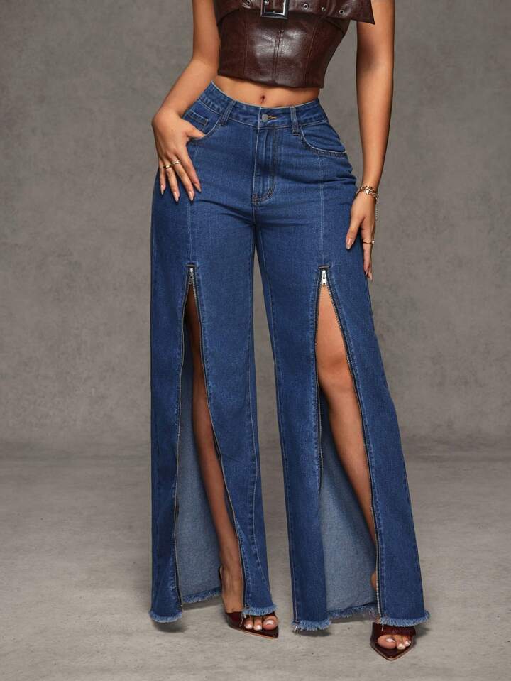 CM-BS131008 Women Casual Seoul Style Zipper Pocket Loose Wide Leg Jeans - Blue