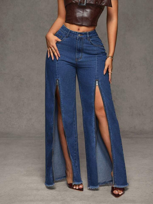 CM-BS131008 Women Casual Seoul Style Zipper Pocket Loose Wide Leg Jeans - Blue