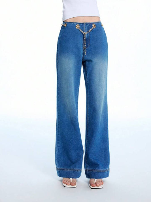 CM-BS250871 Women Casual Seoul Style Low Waist Metal Chain Decor Straight Leg Loose Jeans - Blue