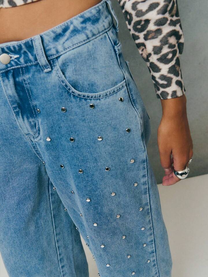CM-BS572271 Women Casual Seoul Style Light Wash Rhinsetone Studs Embellished Wide-Leg Jeans