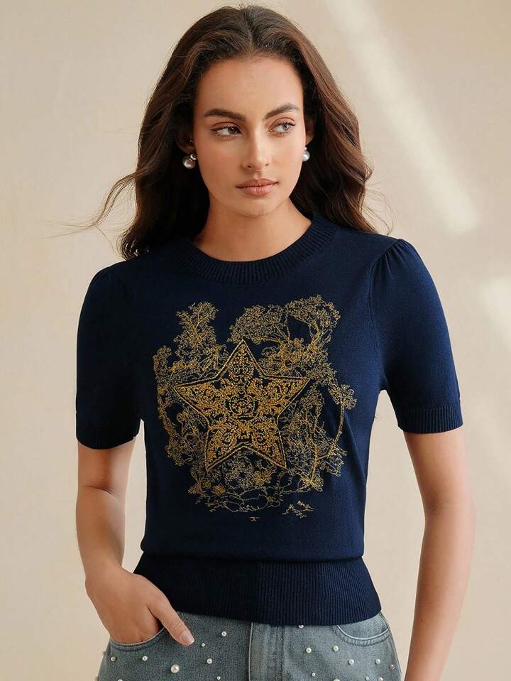 CM-TS520731 Women Casual Seoul Style Stand Collar Short Sleeve Floral Star Embroidered Knitted Shirt Tee - Royal Blue