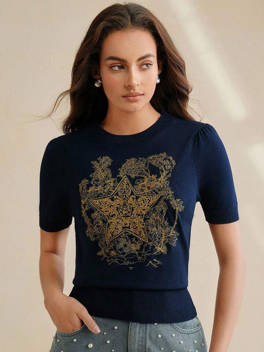 CM-TS520731 Women Casual Seoul Style Stand Collar Short Sleeve Floral Star Embroidered Knitted Shirt Tee - Royal Blue