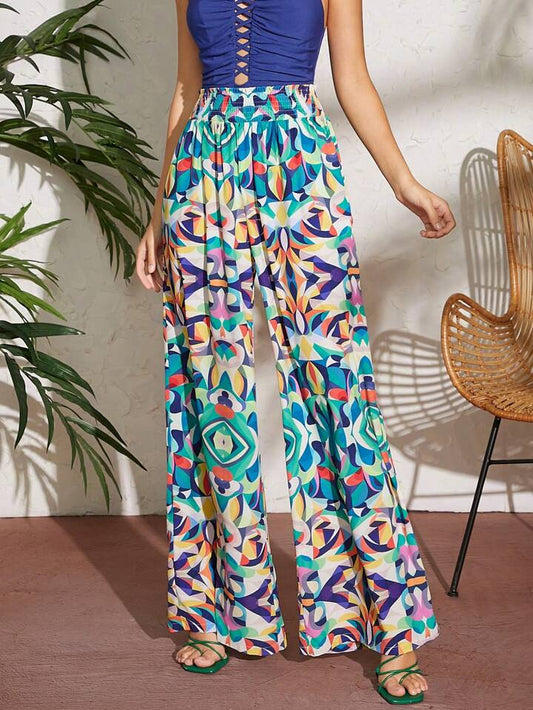 CM-BS650080 Women Trendy Bohemian Style Geometric Print Shirred Wide Leg Pants