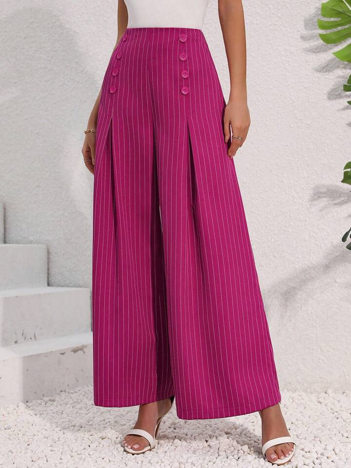 CM-BS907070 Women Casual Seoul Syle Striped High Waist Pleated Wide Leg Pants